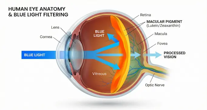 Anatomy of the eye filtering blue light with AREDS2 nutrients